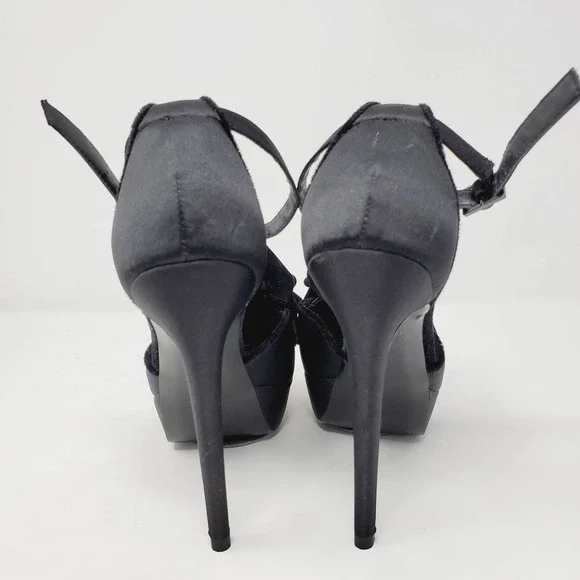 Colin Stuart Women Black Ruffled Satin High Heels Leather Sole Shoes Sz 6.5 - Picture 5 of 13